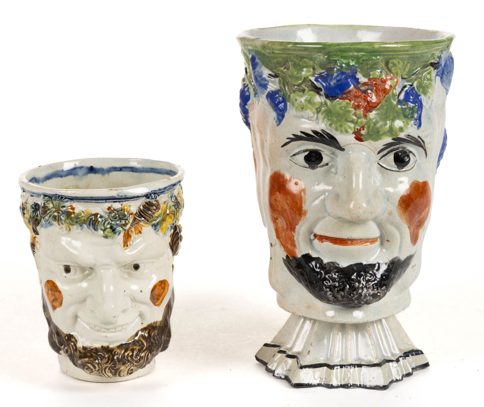 ENGLISH PEARLWARE HAND-PAINTED SATYR / BACCHUS MASK CERAMIC MUGS, LOT OF TWO (1 of 5)
