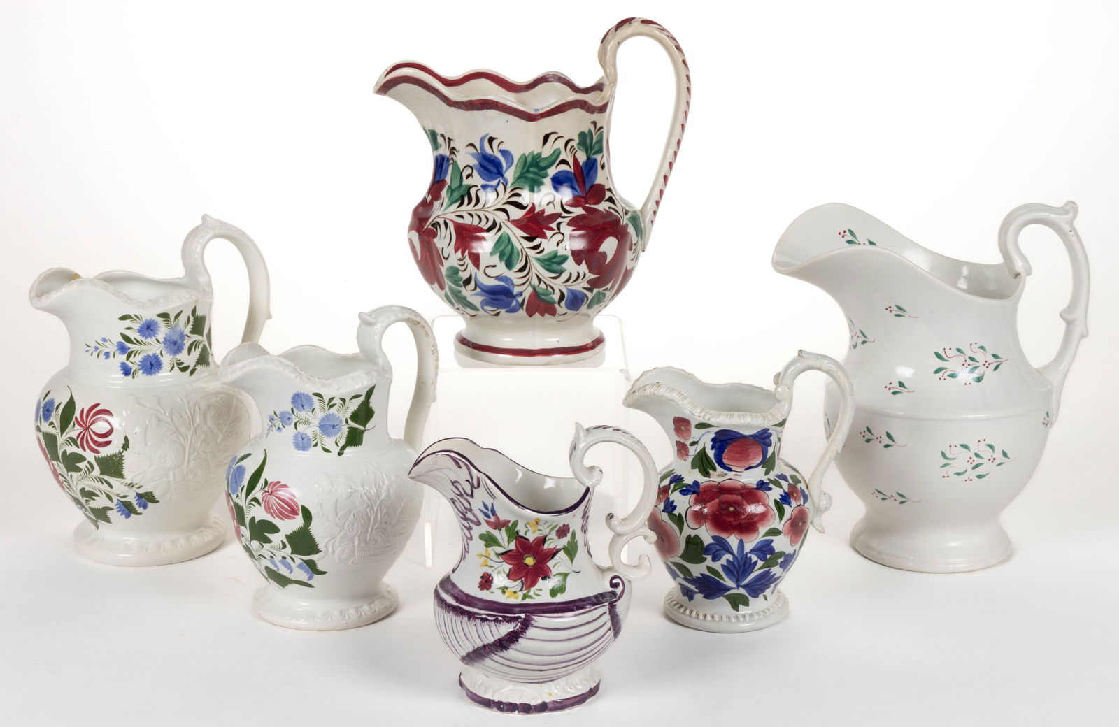 BRITISH HAND-PAINTED CERAMIC FLORAL MOTIF JUGS / PITCHERS, LOT OF SIX (1 of 1)