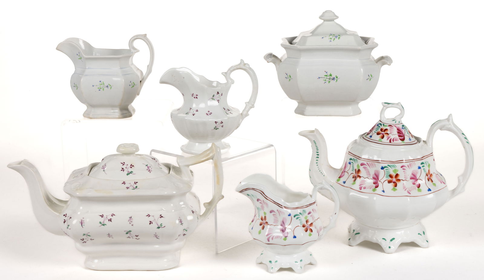 ENGLISH HAND-PAINTED PORCELAIN FLORAL MOTIF TEA ARTICLES, LOT OF SIX (1 of 1)