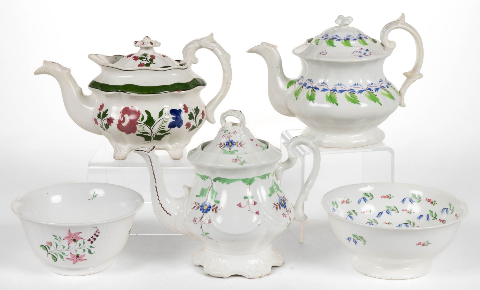 ENGLISH HAND-PAINTED PORCELAIN FLORAL MOTIF TEA AND OTHER ARTICLES, LOT OF FIVE (1 of 1)