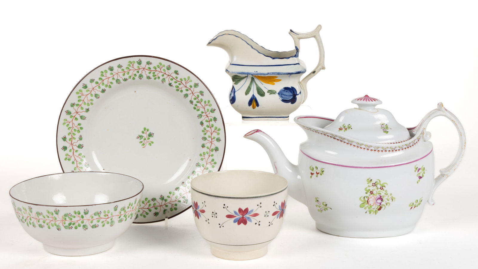 ENGLISH HAND-PAINTED CERAMIC FLORAL MOTIF TEA AND OTHER ARTICLES, LOT OF FIVE (1 of 1)