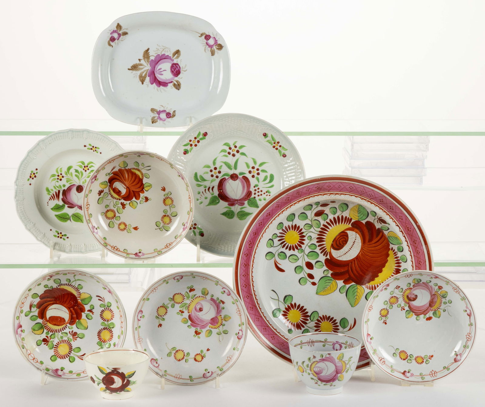 BRITISH HAND-PAINTED CERAMIC ROSE MOTIF TEA AND TABLE ARTICLES, LOT OF TEN (1 of 1)