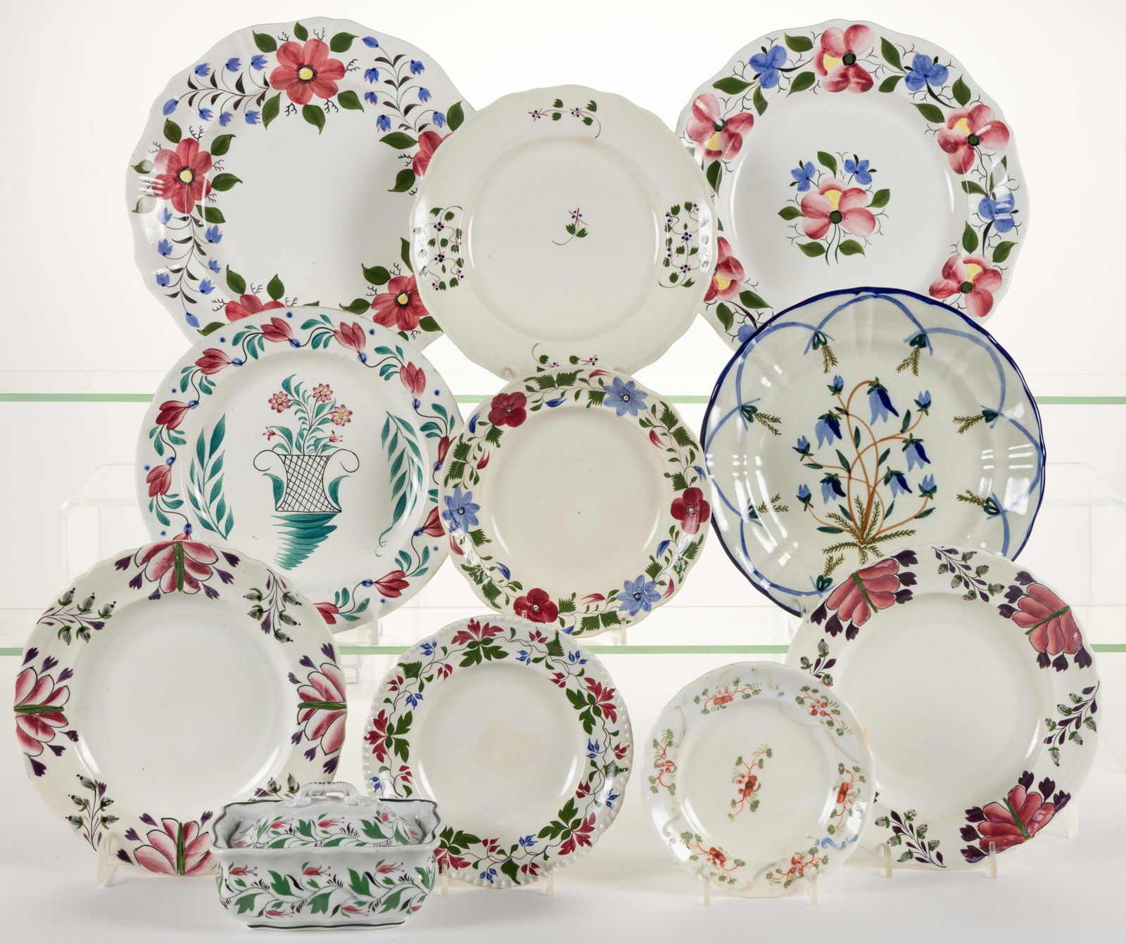 BRITISH HAND-PAINTED CERAMIC FLORAL MOTIF PLATES AND OTHER ARTICLES, LOT OF TEN (1 of 1)
