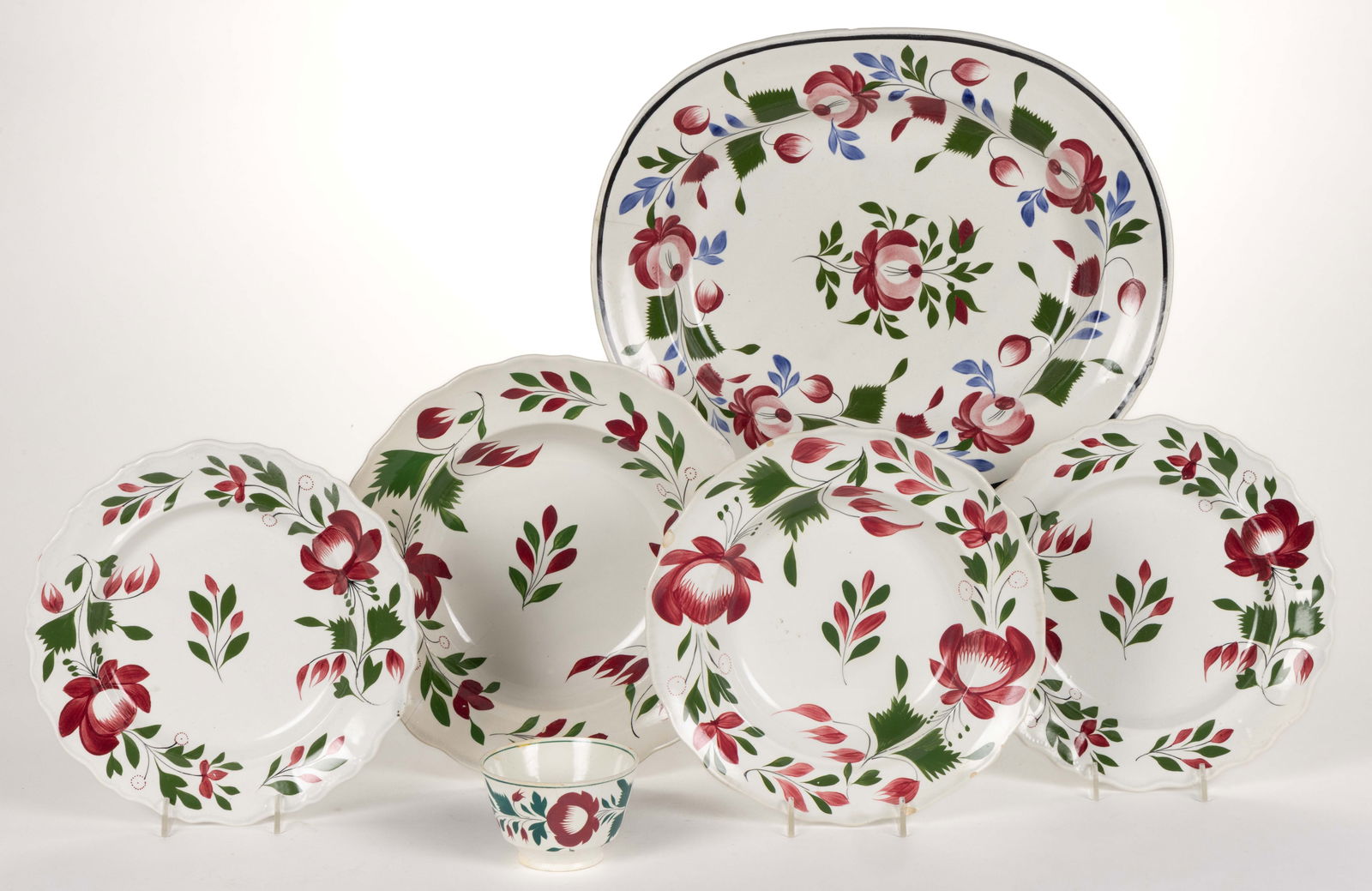 BRITISH HAND-PAINTED CERAMIC ROSE MOTIF TEA AND TABLE ARTICLES, LOT OF SIX (1 of 1)