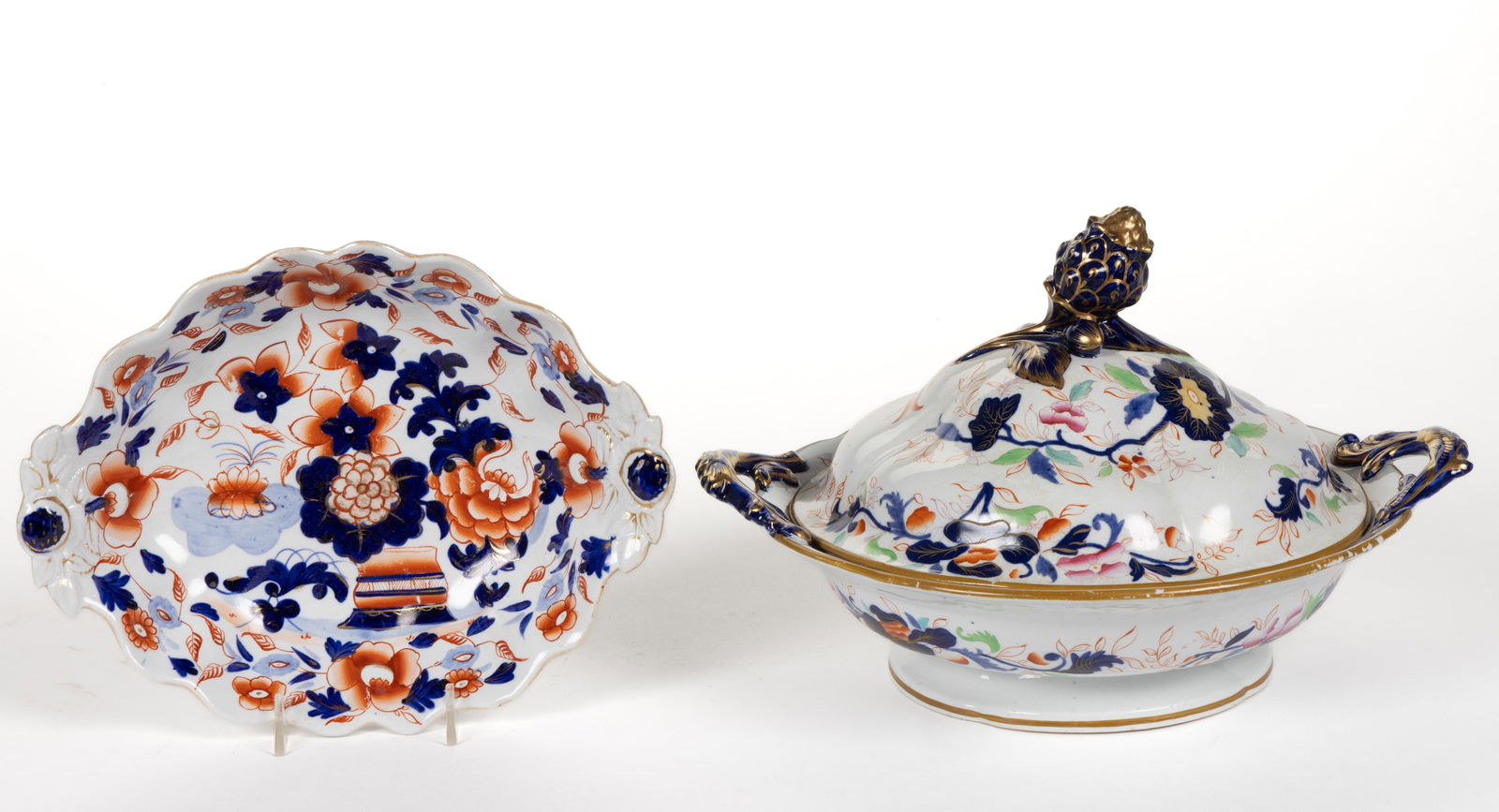 BRITISH HAND-PAINTED CERAMIC GAUDY-STYLE FLORAL TABLE ARTICLES, LOT OF TWO (1 of 2)