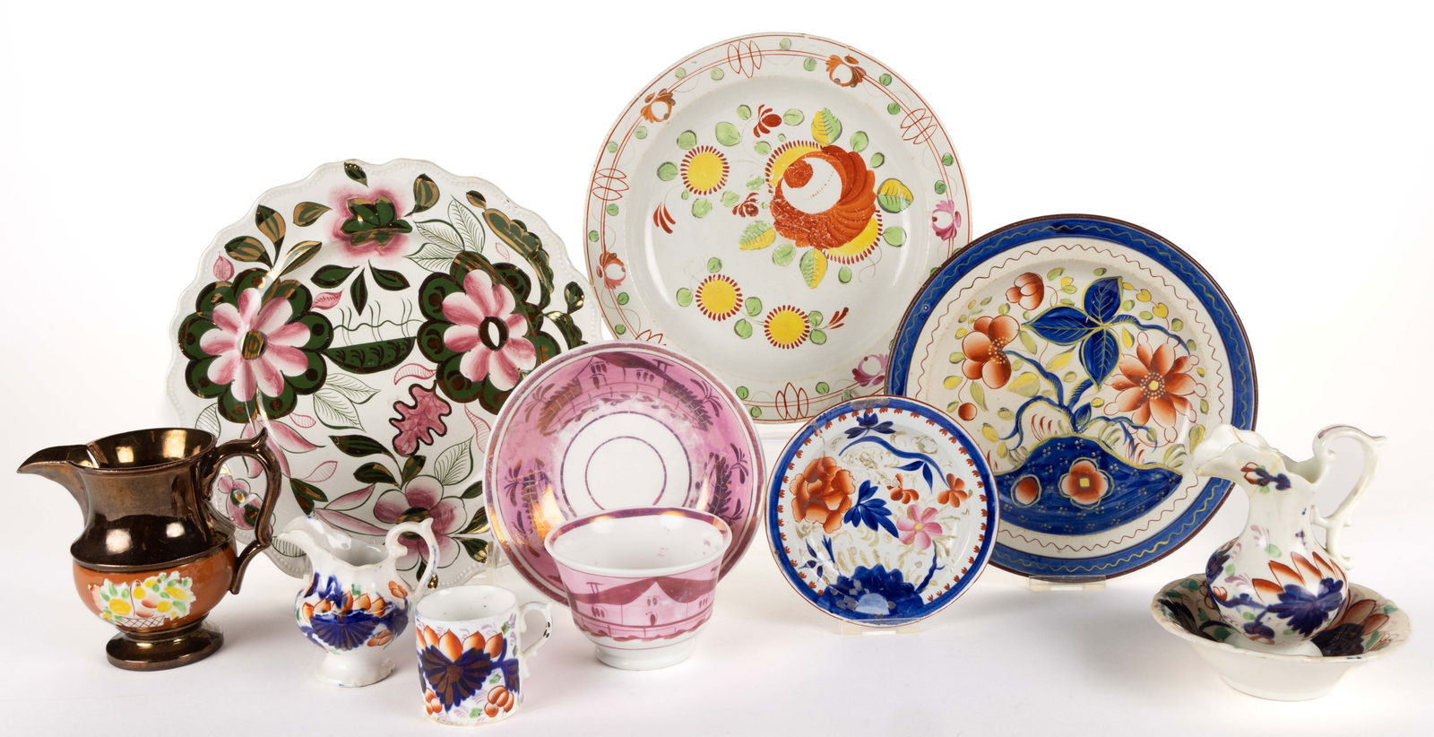 BRITISH HAND-PAINTED CERAMIC ARTICLES, LOT OF NINE (1 of 1)