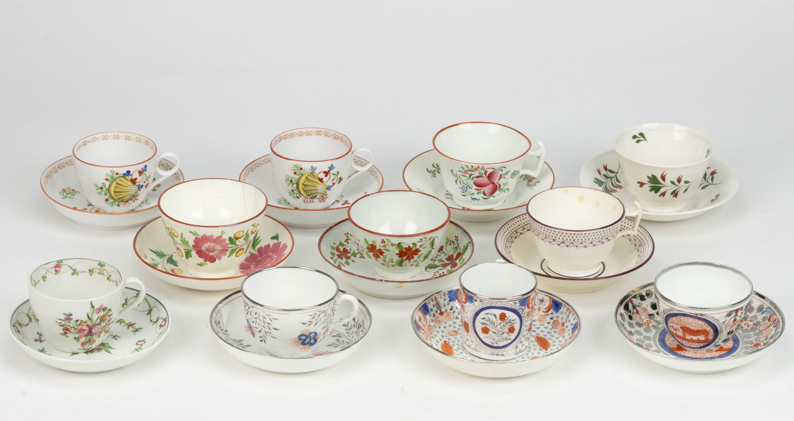 BRITISH HAND-PAINTED CERAMIC CUP AND SAUCER SETS, LOT OF 11 (1 of 1)