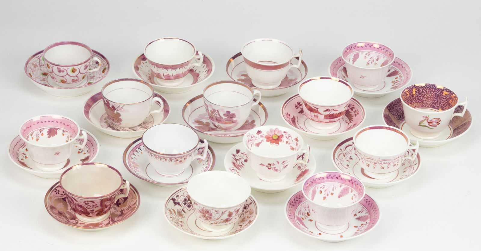 BRITISH HAND-PAINTED CERAMIC PINK LUSTRE-DECORATED CUP AND SAUCER SETS, LOT OF 15 (1 of 1)