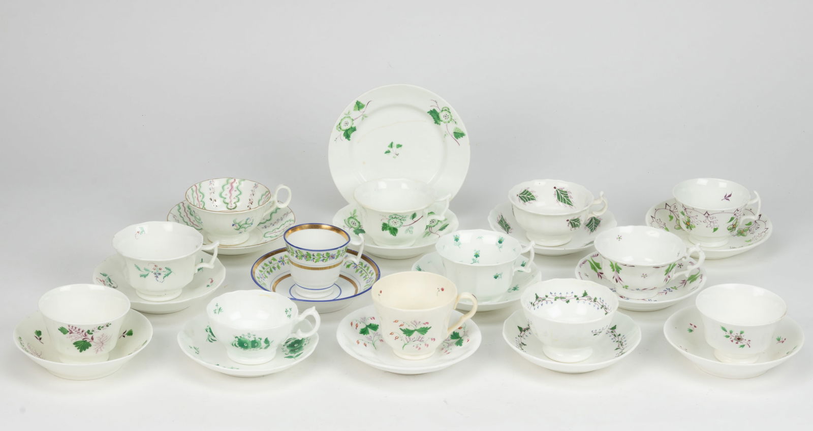 BRITISH HAND-PAINTED CERAMIC FLORAL MOTIF CUP AND SAUCER SETS, LOT OF 13 (1 of 1)