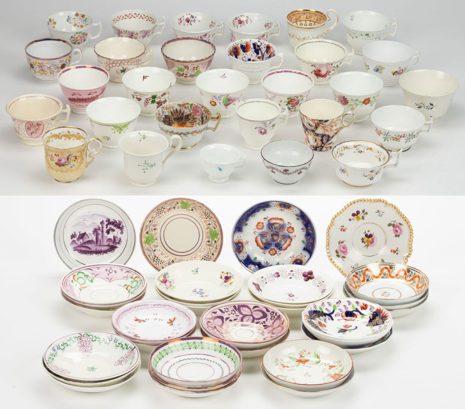 BRITISH HAND-PAINTED CERAMIC UNMATCHING CUPS AND SAUCERS, UNCOUNTED LOT: BRITISH HAND-PAINTED CERAMIC UNMATCHING CUPS AND SAUCERS, UNCOUNTED LOT, more than 60, including examples with assorted decorations such as pink lustre, gaudy designs, polychrome hand-painte