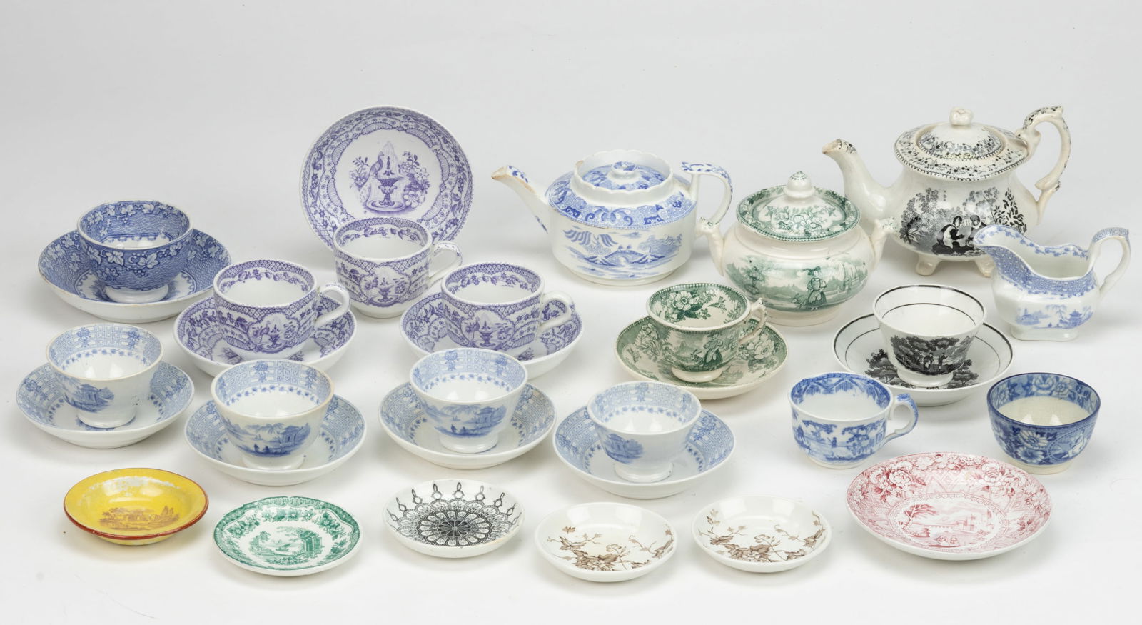 STAFFORDSHIRE TRANSFER-PRINTED CERAMIC CHILDREN'S TOY TEA ARTICLES, LOT OF 19 (1 of 1)