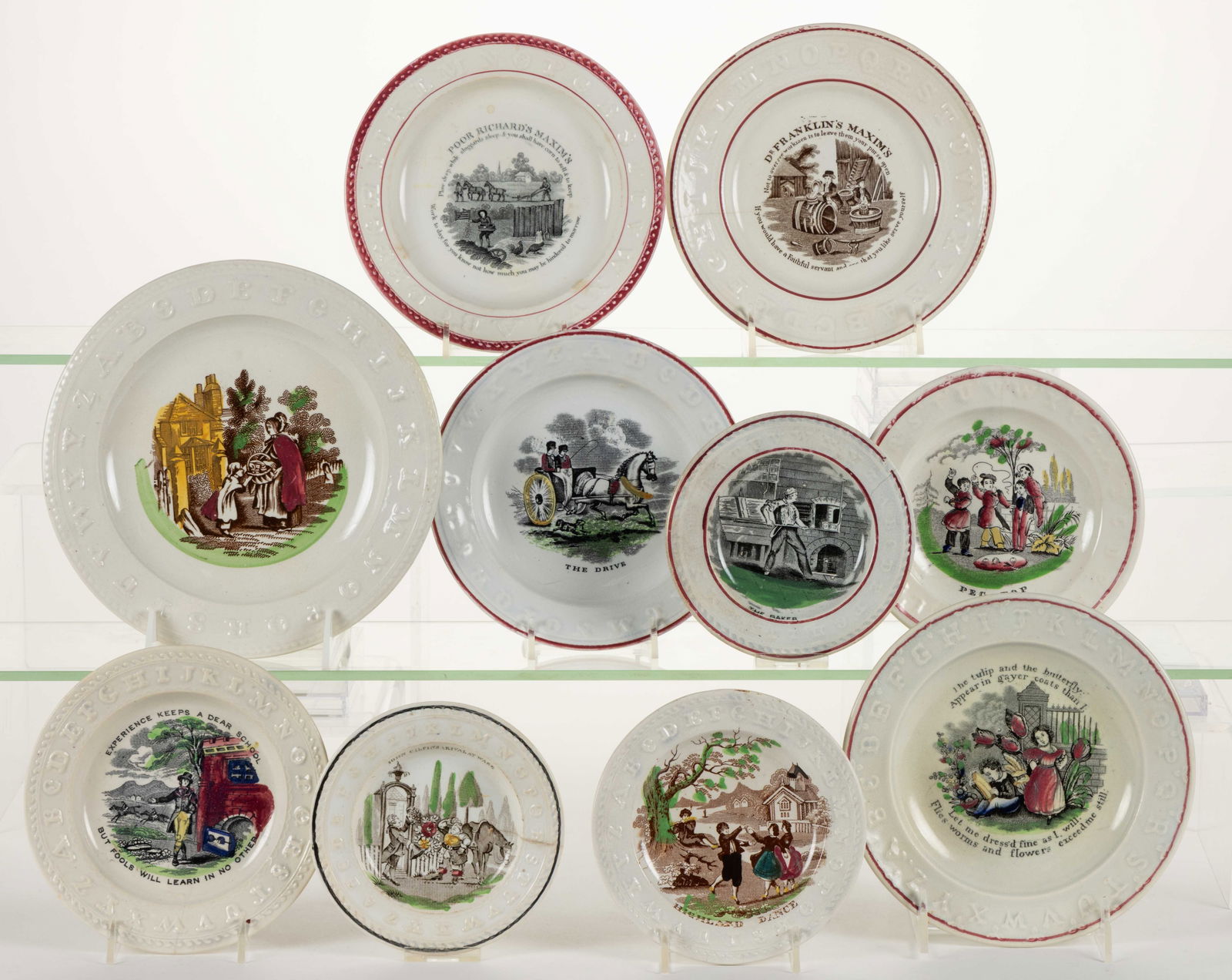 STAFFORDSHIRE ABC TRANSFER-PRINTED CERAMIC CHILDREN'S PLATES, LOT OF TEN (1 of 1)