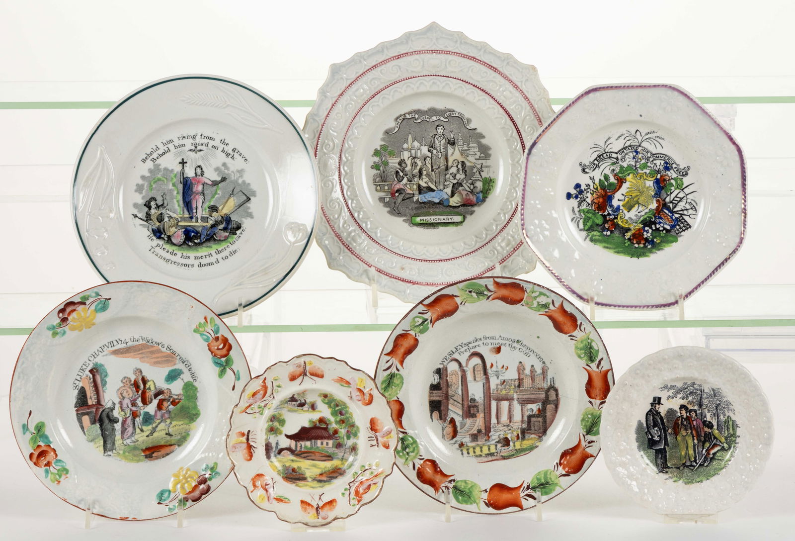 STAFFORDSHIRE TRANSFER-PRINTED CERAMIC CHILDREN'S PLATES, LOT OF SEVEN (1 of 1)