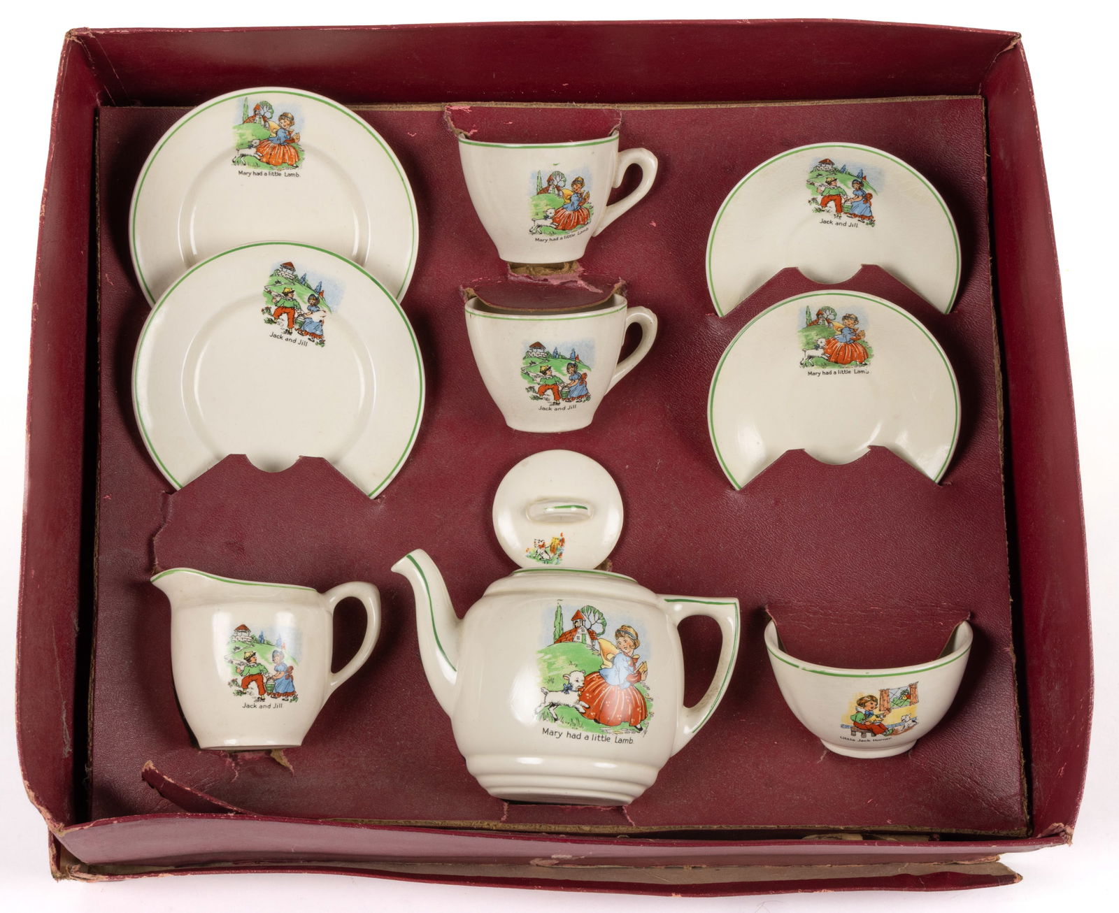 ENGLISH TRANSFER-PRINTED CERAMIC NURSERY RHYMES MOTIF CHILDREN'S NINE-PIECE TEA SET: ENGLISH TRANSFER-PRINTED CERAMIC NURSERY RHYMES MOTIF CHILDREN'S NINE-PIECE TEA SET, each featuring polychrome transfers including "Mary had a little Lamb.", "Jack and Jill", a