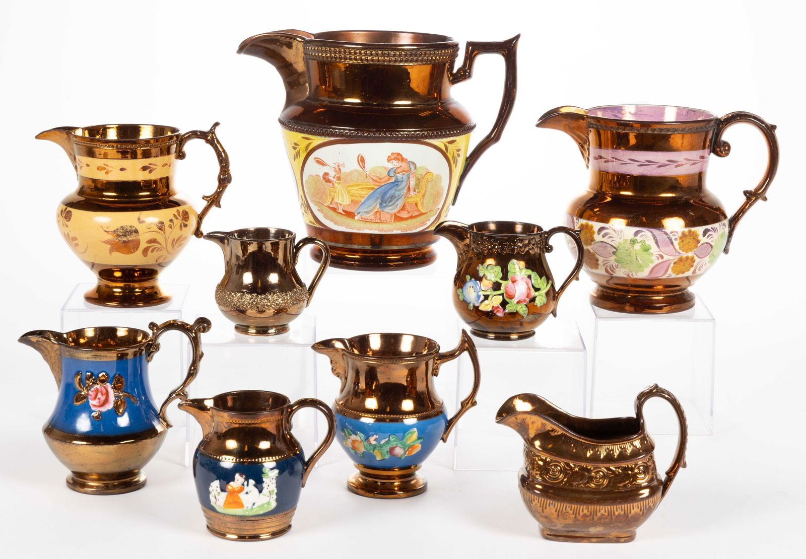 BRITISH COPPER LUSTRE CERAMIC JUGS / PITCHERS, LOT OF NINE (1 of 2)