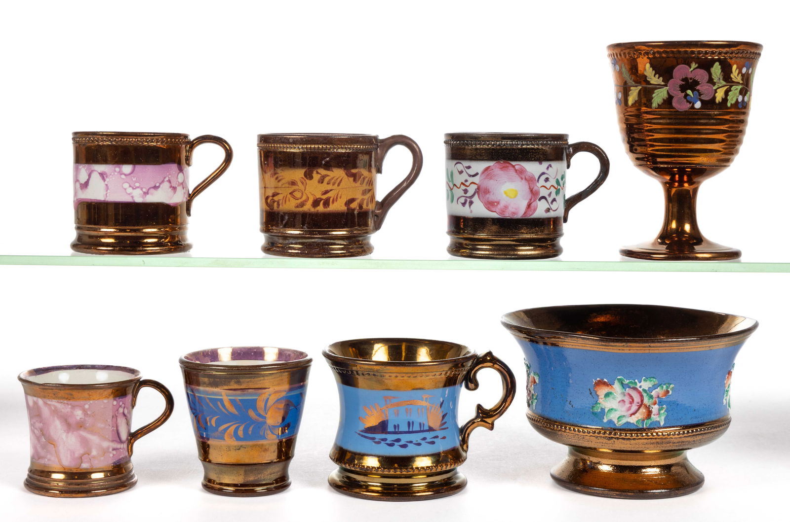 BRITISH COPPER LUSTRE CERAMIC DRINKING AND TABLE ARTICLES, LOT OF EIGHT (1 of 1)