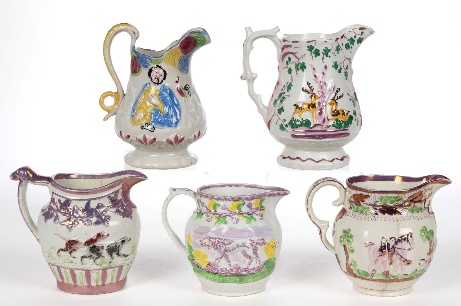 BRITISH RELIEF-MOLDED CERAMIC JUGS / PITCHERS, LOT OF FIVE (1 of 2)
