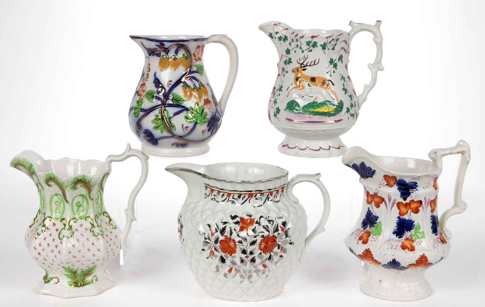 BRITISH LUSTRE RELIEF-MOLDED AND OTHER SIMILAR HAND-PAINTED CERAMIC JUGS / PITCHERS, LOT OF FIVE (1 of 2)