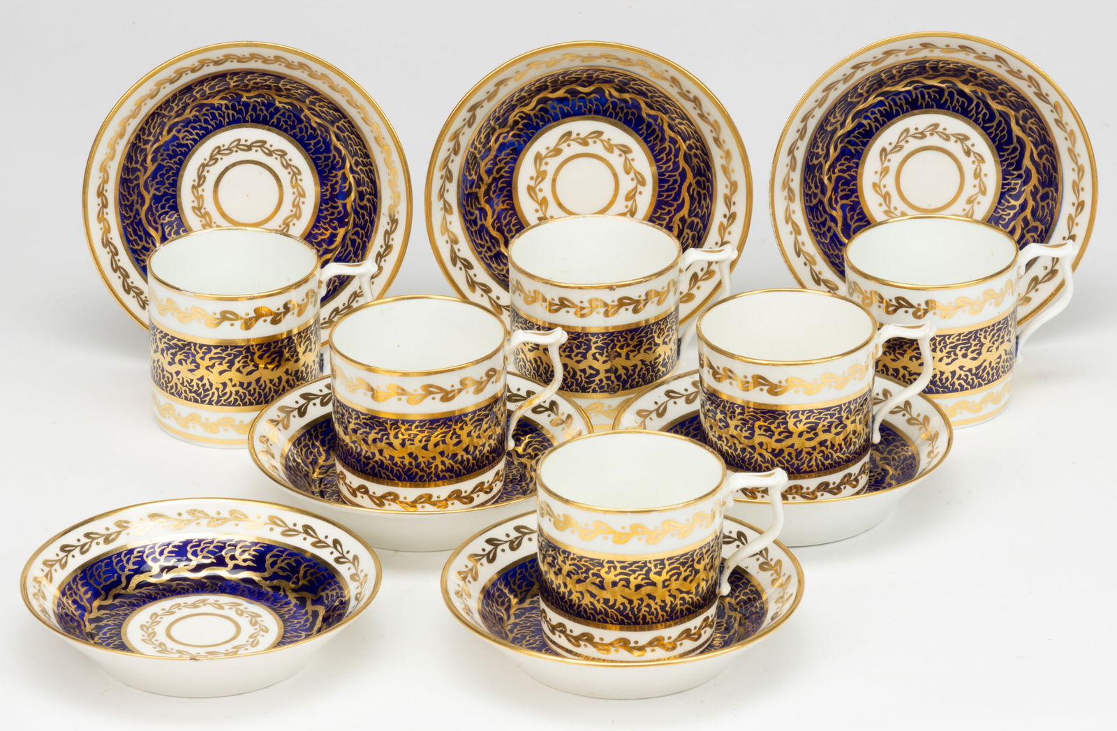 ENGLISH DERBY PORCELAIN COBALT-DECORATED CUP AND SAUCER SETS, LOT OF 13 (1 of 1)