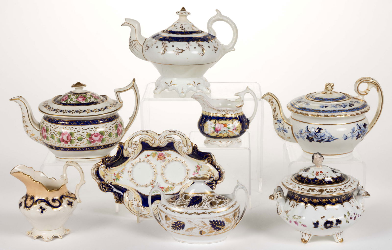 ENGLISH COBALT-DECORATED PORCELAIN FLORAL MOTIF TEA AND OTHER ARTICLES, LOT OF EIGHT (1 of 1)