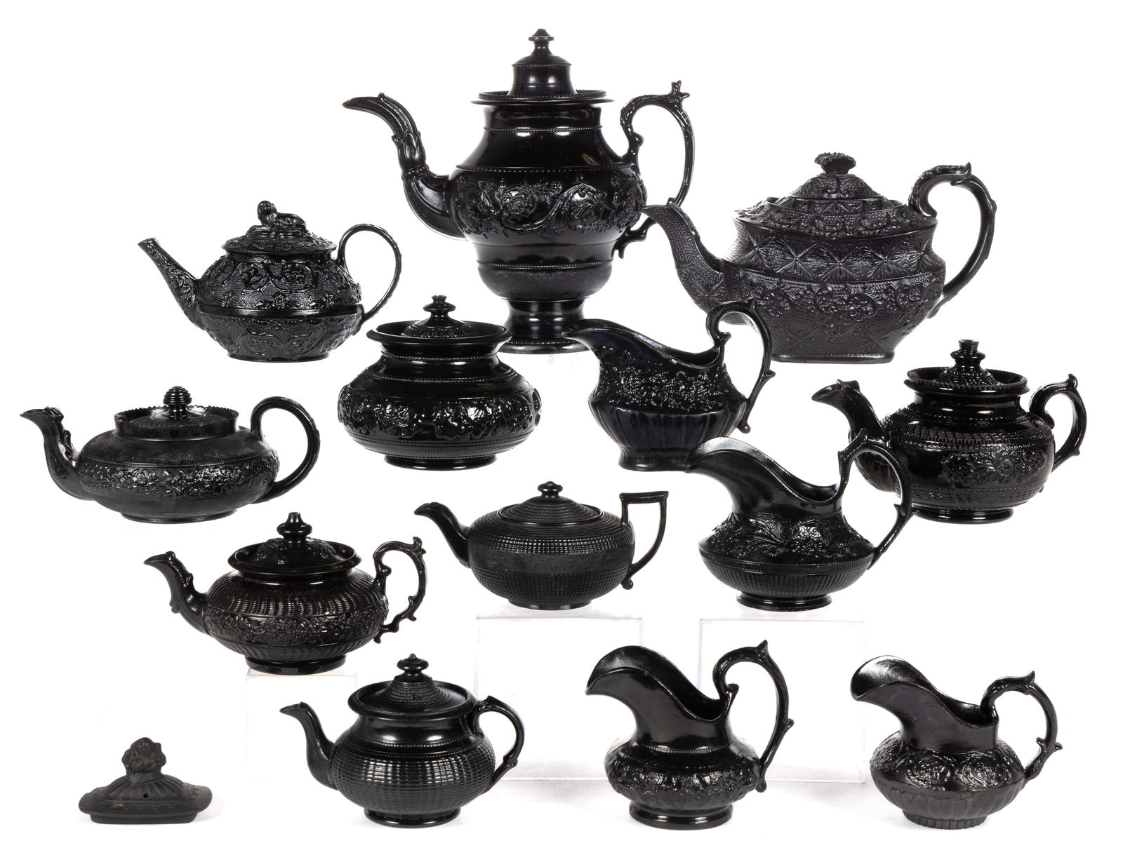 ENGLISH GLAZED BLACK BASALT STONEWARE COFFEE AND TEA ARTICLES, LOT OF 14 (1 of 1)