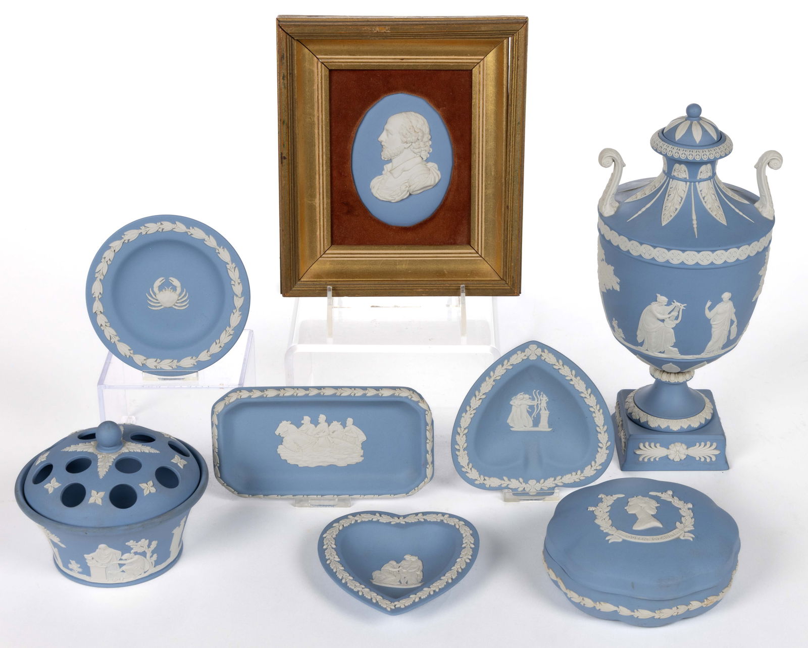 WEDGWOOD BLUE JASPERWARE STONEWARE ARTICLES, LOT OF EIGHT (1 of 1)
