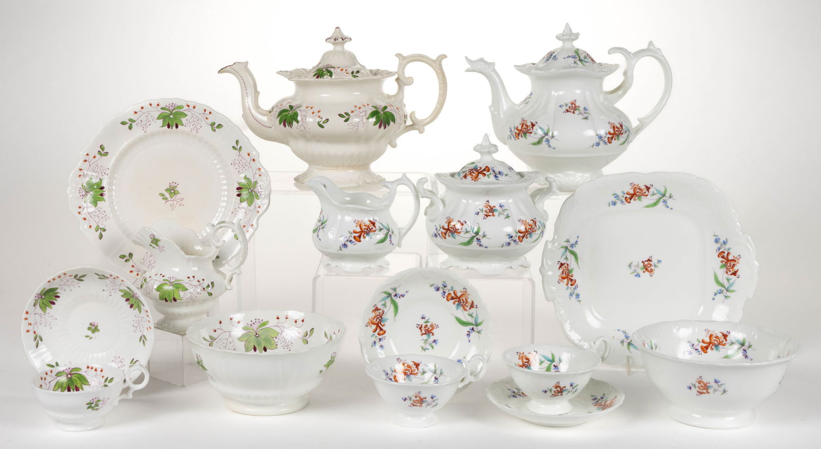 ENGLISH HAND-PAINTED PORCELAIN FLORAL MOTIF PARTIAL TEA SETS, LOT OF 15 PIECES (1 of 1)