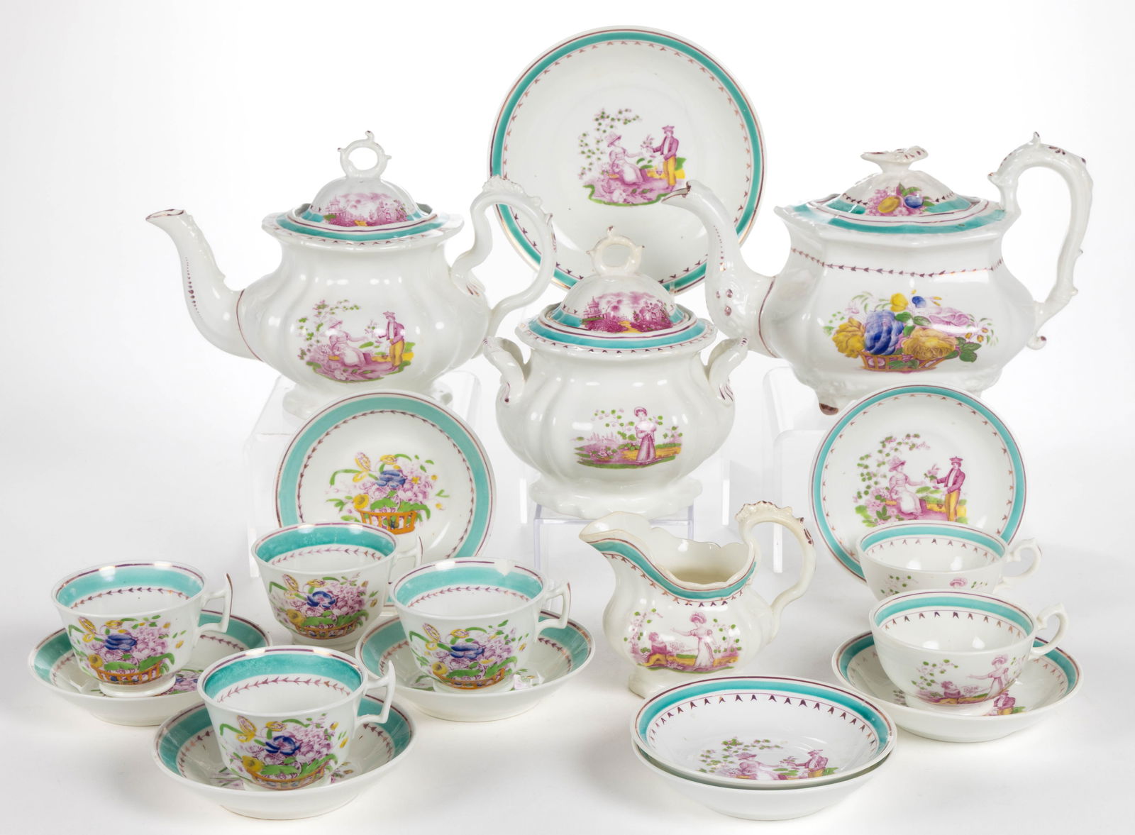 ENGLISH TRANSFER-PRINTED PORCELAIN TEA ARTICLES, LOT OF 19 (1 of 1)