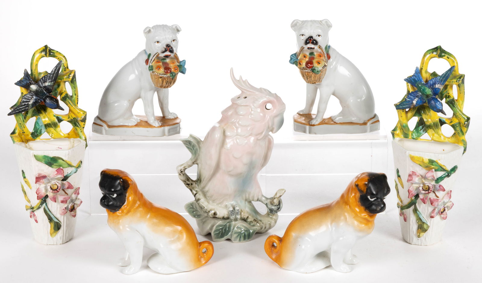 CONTINENTAL PORCELAIN HAND-PAINTED DOG FIGURAL PAIRS AND OTHER ARTICLES, LOT OF SEVEN (1 of 2)