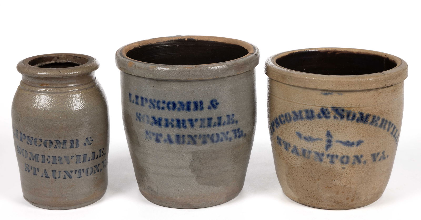 STAUNTON, VIRGINIA MERCHANT'S STENCILED STONEWARE JARS / CROCKS, LOT OF THREE (1 of 5)
