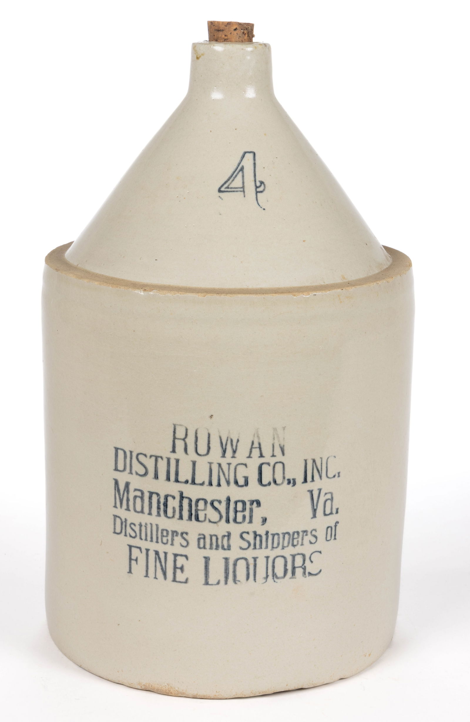 MANCHESTER, VIRGINIA LIQUOR MERCHANT'S STONEWARE ADVERTISING JUG: MANCHESTER, VIRGINIA LIQUOR MERCHANT'S STONEWARE ADVERTISING JUG, Bristol-slip glazed, designated four-gallon capacity, cylindrical form with sharp conical shoulder, plain spout, and app