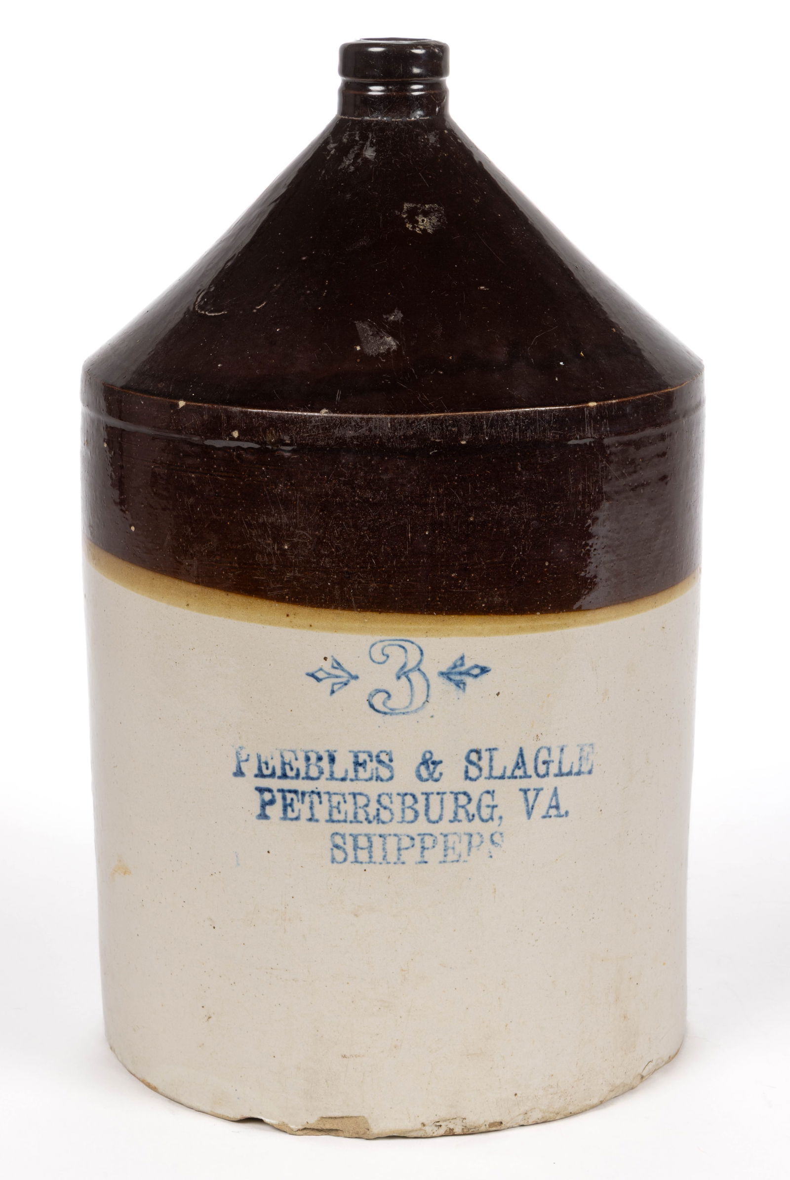 PETERSBURG, VIRGINIA MERCHANT'S STONEWARE ADVERTISING JUG: PETERSBURG, VIRGINIA MERCHANT'S STONEWARE ADVERTISING JUG, Bristol-slip glazed with Albany-slip glazed upper section, designated three-gallon capacity, cylindrical form with sharp should
