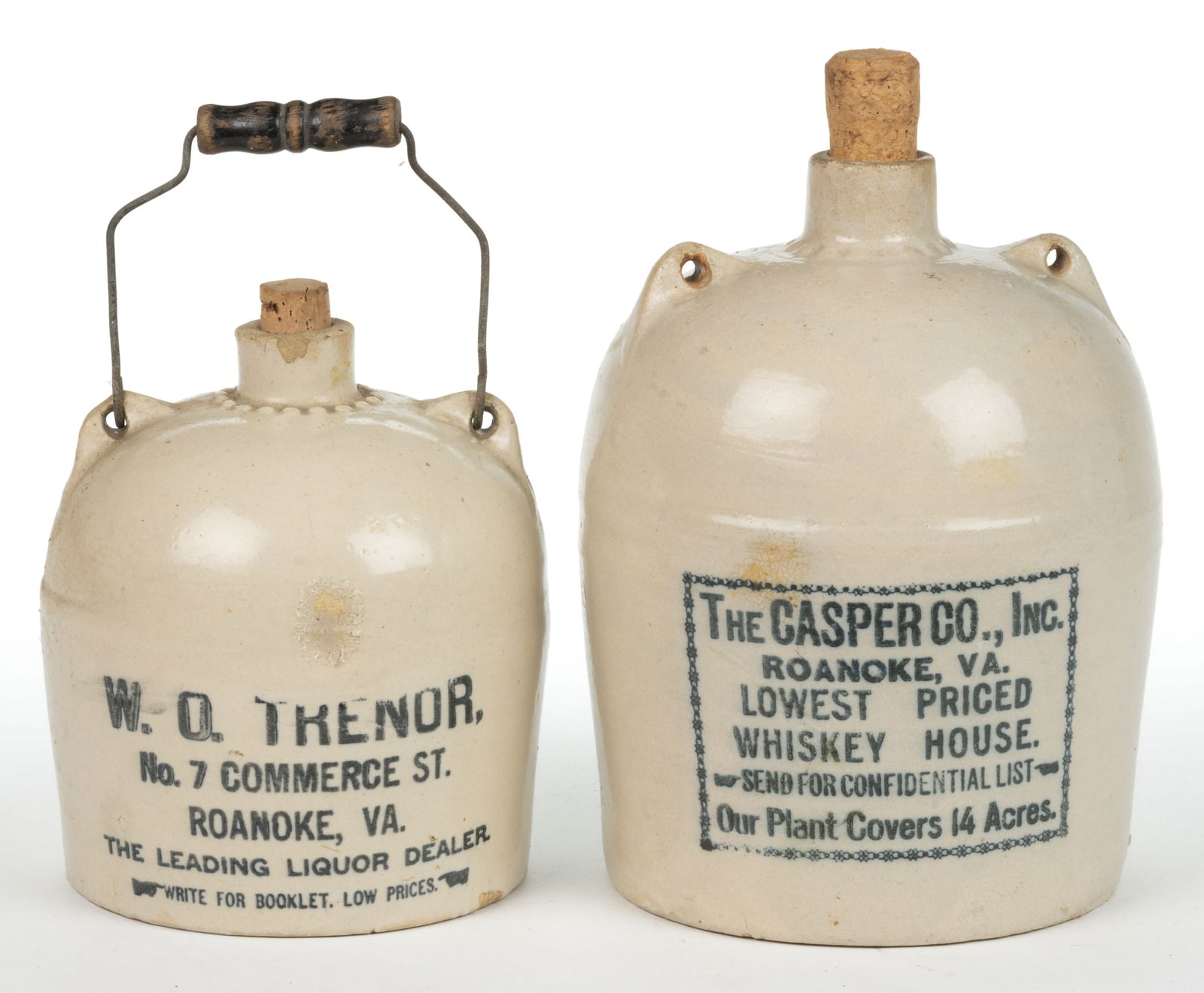 ROANOKE, VIRGINIA LIQUOR MERCHANT'S ADVERTISING STONEWARE JUGS, LOT OF TWO (1 of 5)