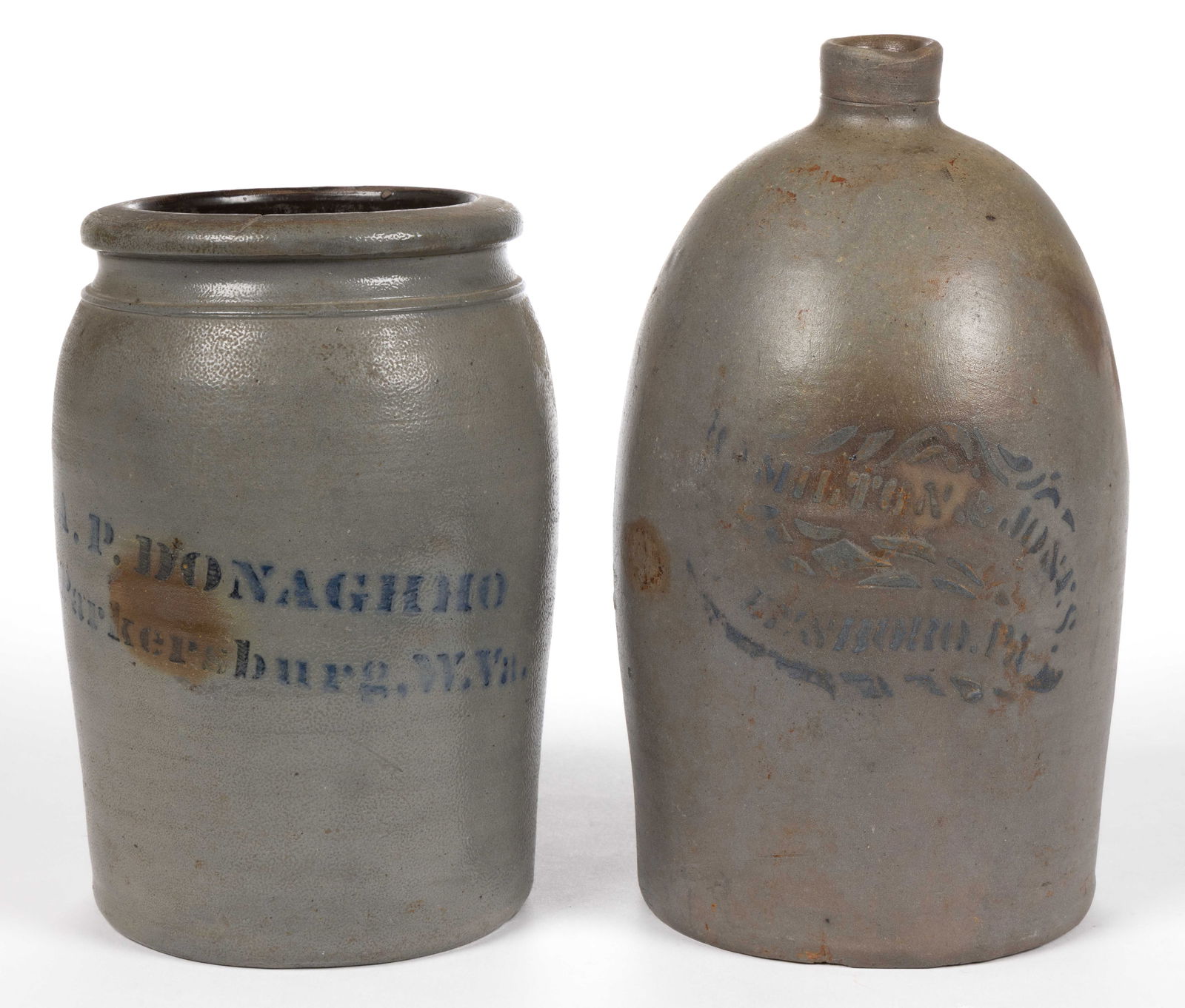 WESTERN PENNSYLVANIA AND WEST VIRGINIA STENCILED STONEWARE ARTICLES, LOT OF TWO (1 of 5)