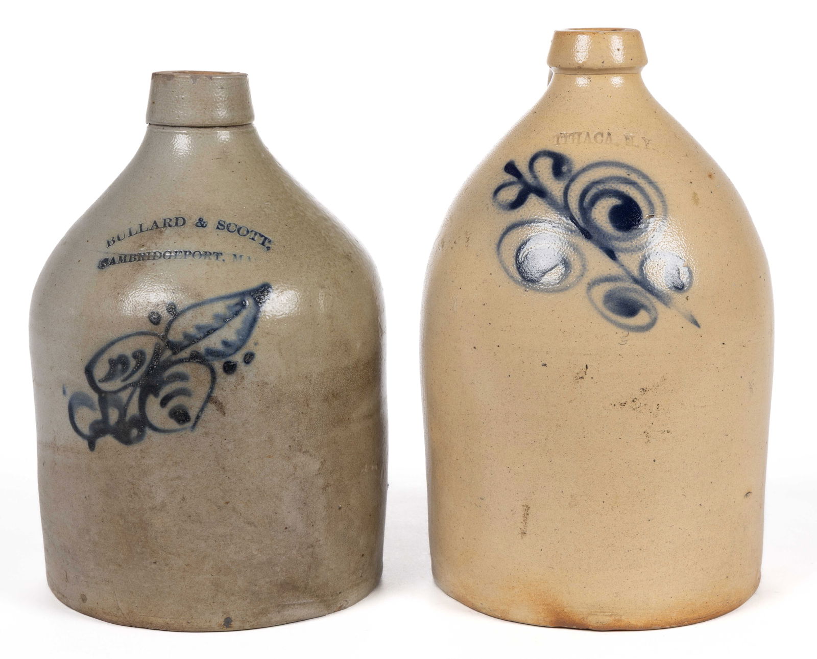 STAMPED MASSACHUSETTS AND NEW YORK DECORATED STONEWARE JUGS, LOT OF TWO (1 of 5)