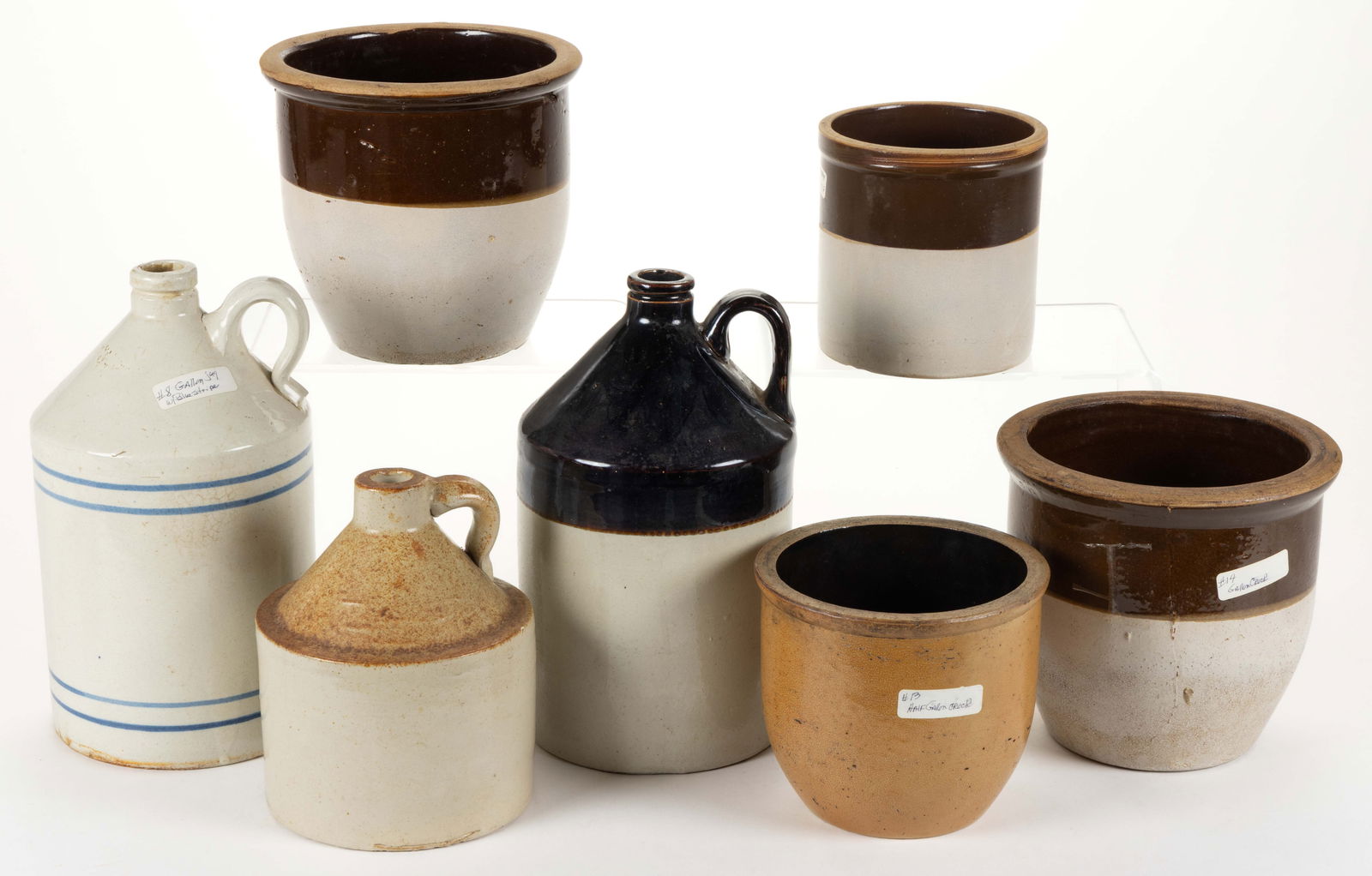 ASSORTED VINTAGE UTILITARIAN STONEWARE CROCKS AND JUGS, LOT OF SEVEN (1 of 1)