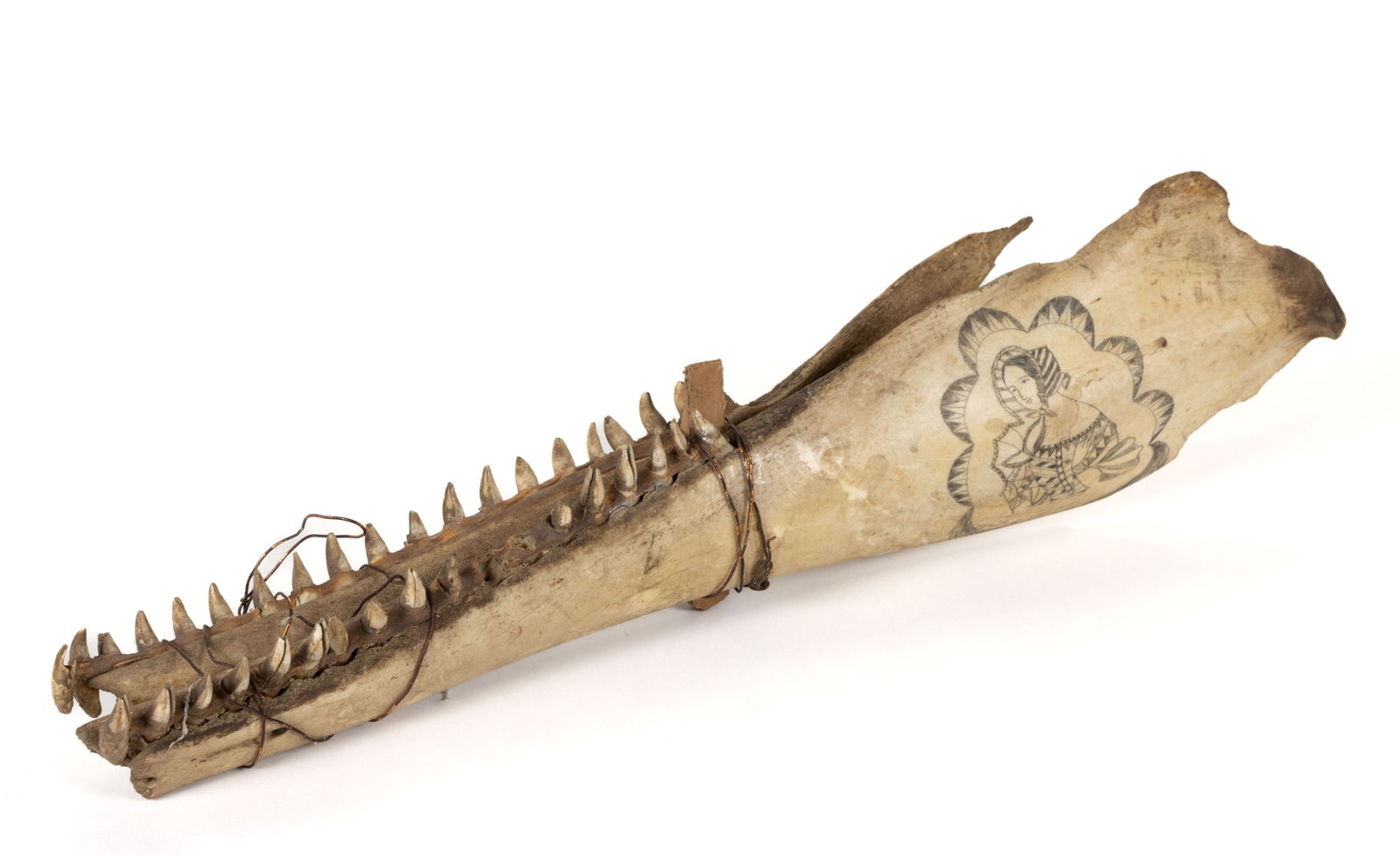 AMERICAN FOLK ART SCRIMSHAW PORPOISE JAWBONE (1 of 4)