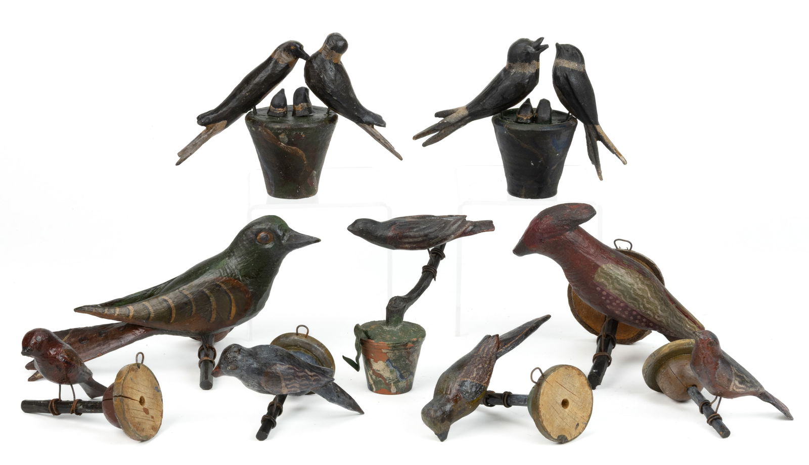 FOLK ART CARVED AND PAINTED WOODEN BIRDS, LOT OF NINE (1 of 2)
