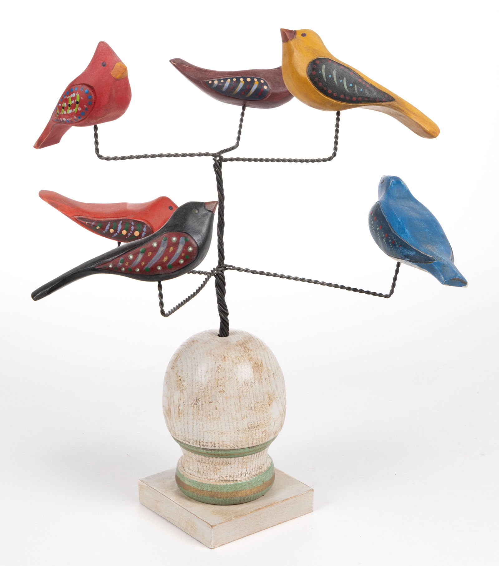 JON MARKS (PENNSYLVANIA, B. 1940) FOLK ART CARVED AND PAINTED BIRD TREE (1 of 3)