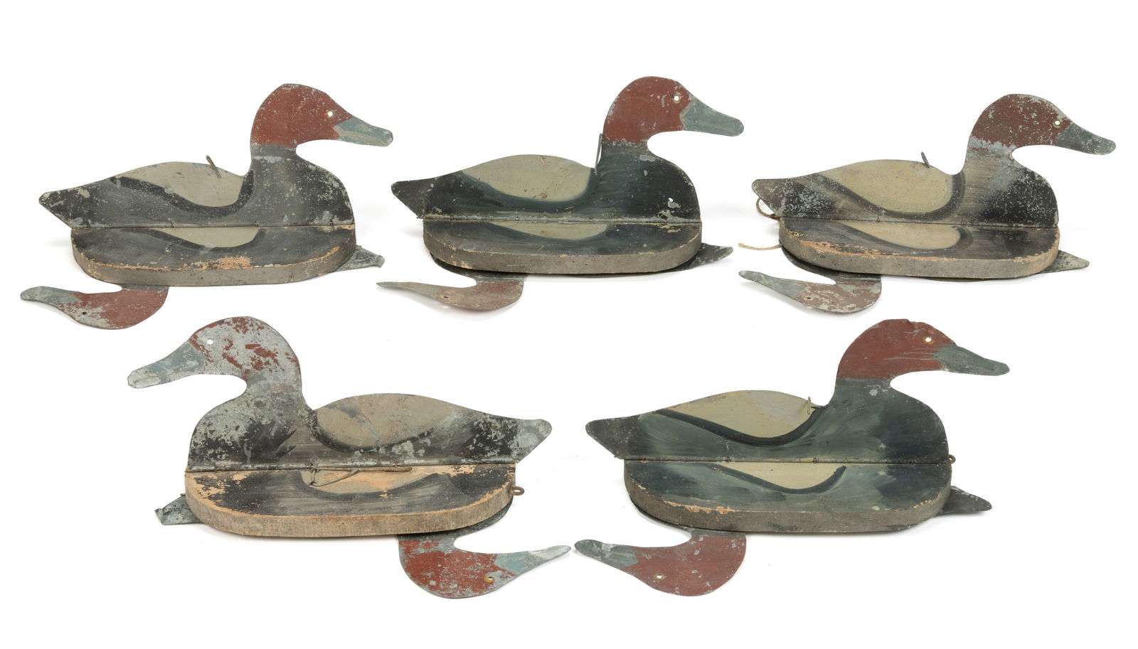 AMERICAN FOLK ART PAINTED WOOD AND SHEET-METAL DECOYS, LOT OF FIVE (1 of 2)