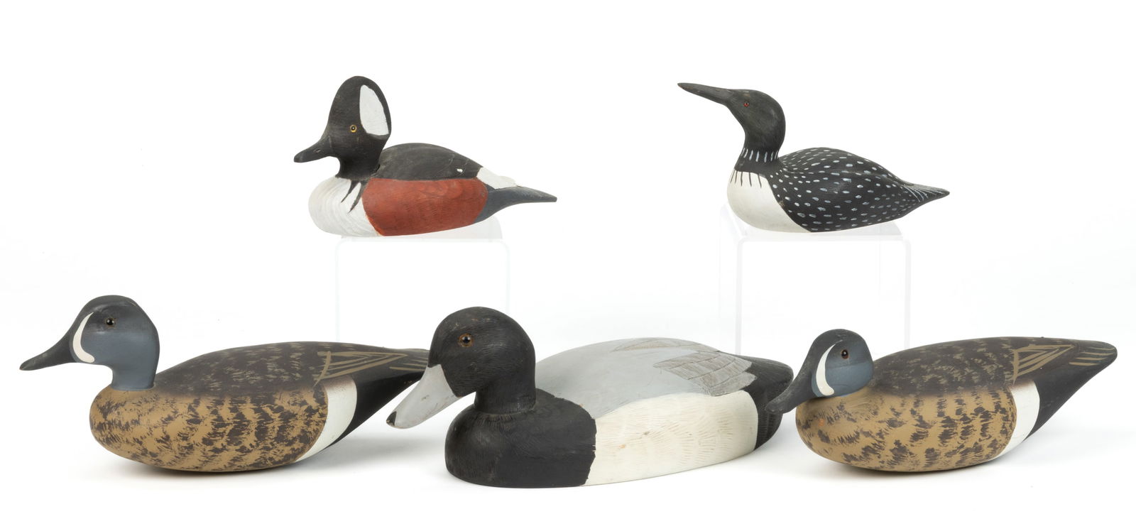AMERICAN FOLK ART CARVED AND PAINTED DUCK DECOYS, LOT OF FIVE (1 of 4)