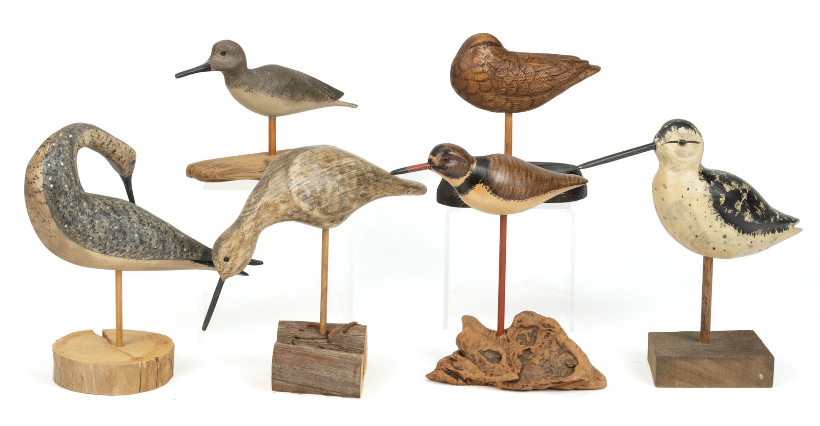 AMERICAN FOLK ART CARVED AND PAINTED SHOREBIRD DECOYS, LOT OF SIX (1 of 2)