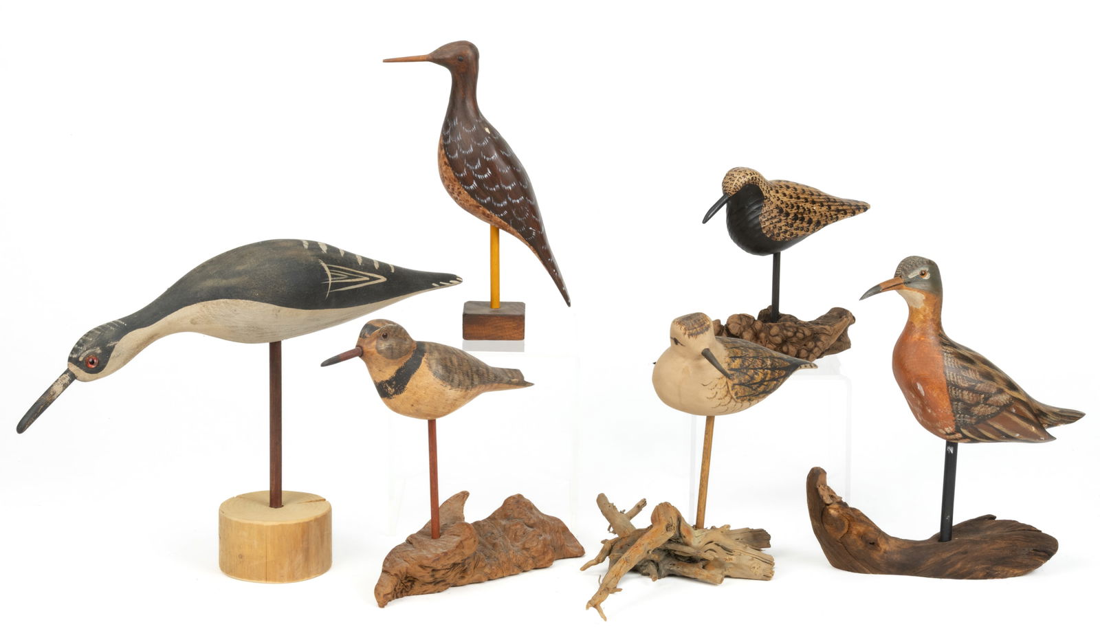 AMERICAN FOLK ART CARVED AND PAINTED SHOREBIRD DECOYS, LOT OF SIX (1 of 2)