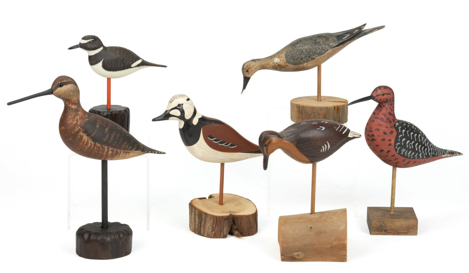 AMERICAN FOLK ART CARVED AND PAINTED SHOREBIRD DECOYS, LOT OF SIX (1 of 2)