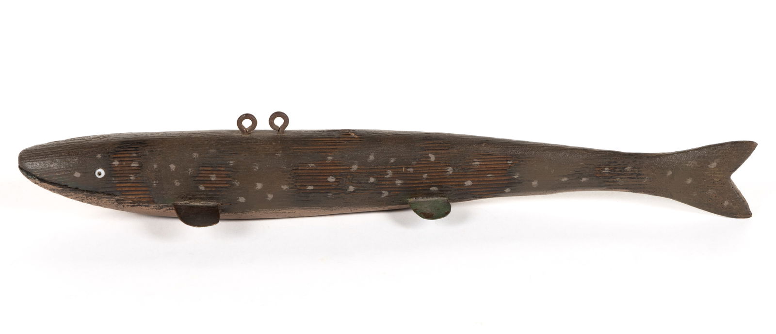 ARTHUR E. GLAZIER (PENNSYLVANIA, 1928-2015) CARVED AND PAINTED ICE FISHING DECOY: ARTHUR E. GLAZIER (PENNSYLVANIA, 1928-2015) CARVED AND PAINTED ICE FISHING DECOY, carved of a single piece of pine, inset weight in the body, applied sheet-metal fins, and bead eyes. Signed "AG&q