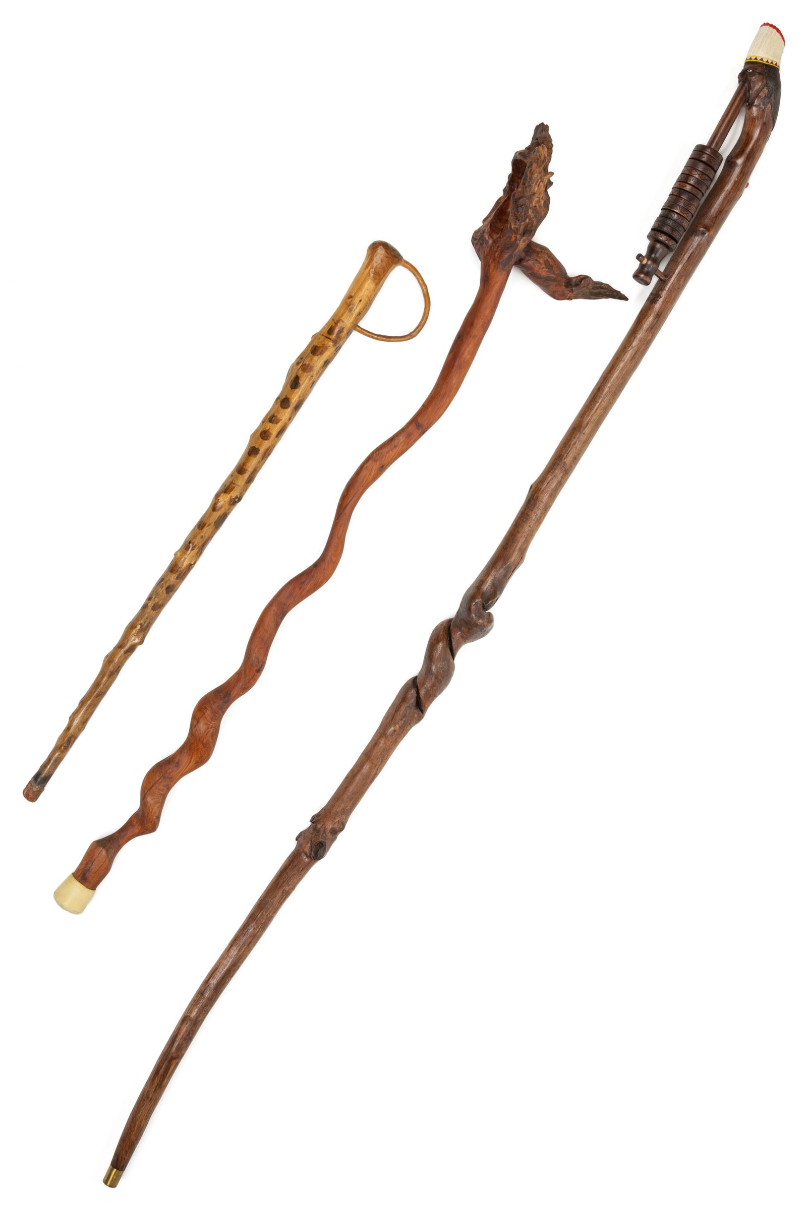 ASSORTED FOLK ART CARVED / NATURALISTIC CANES / WALKING STICKS, LOT OF THREE (1 of 3)