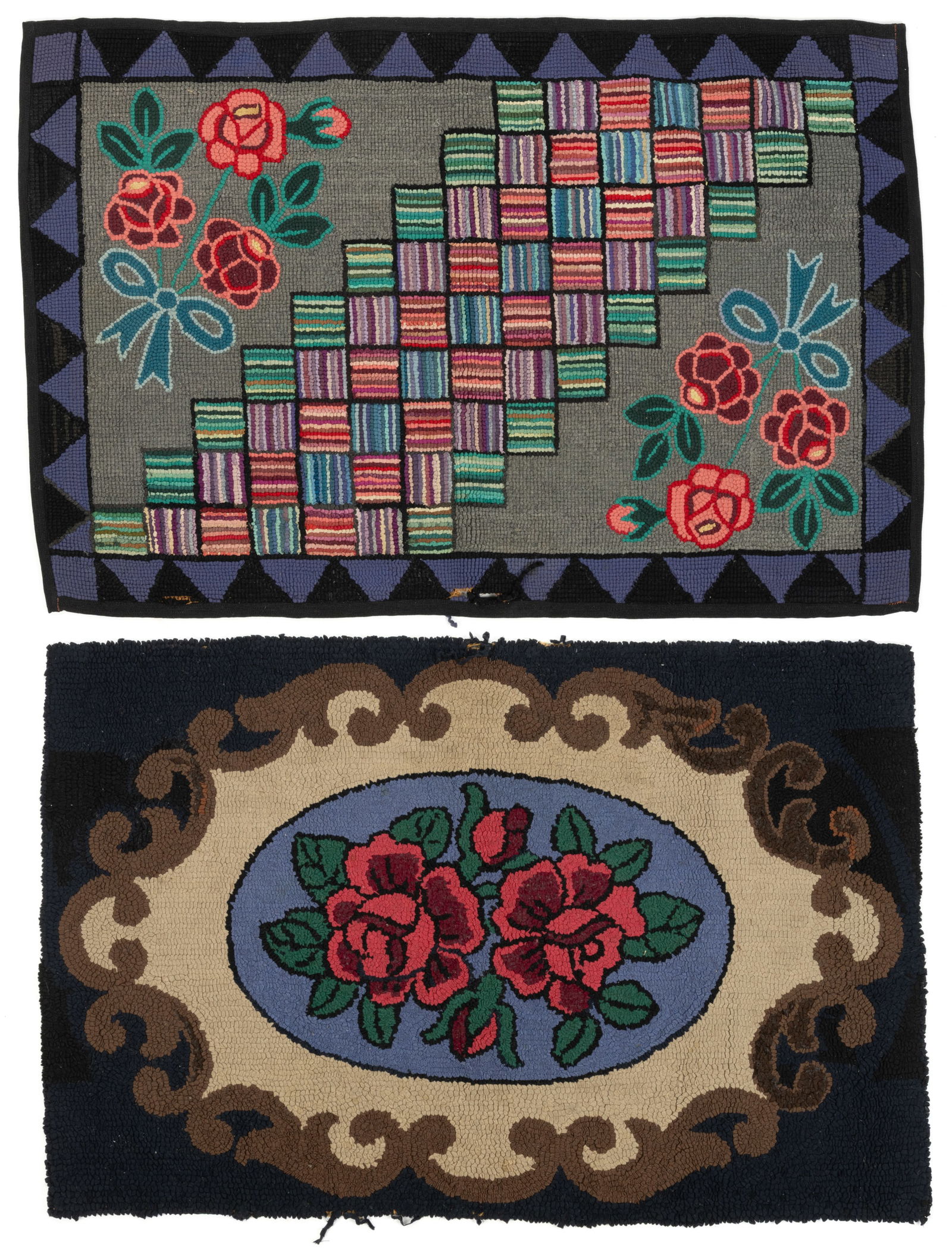 AMERICAN, PROBABLY PENNSYLVANIA, FOLK ART FLORAL HOOKED RUGS, LOT OF TWO (1 of 6)