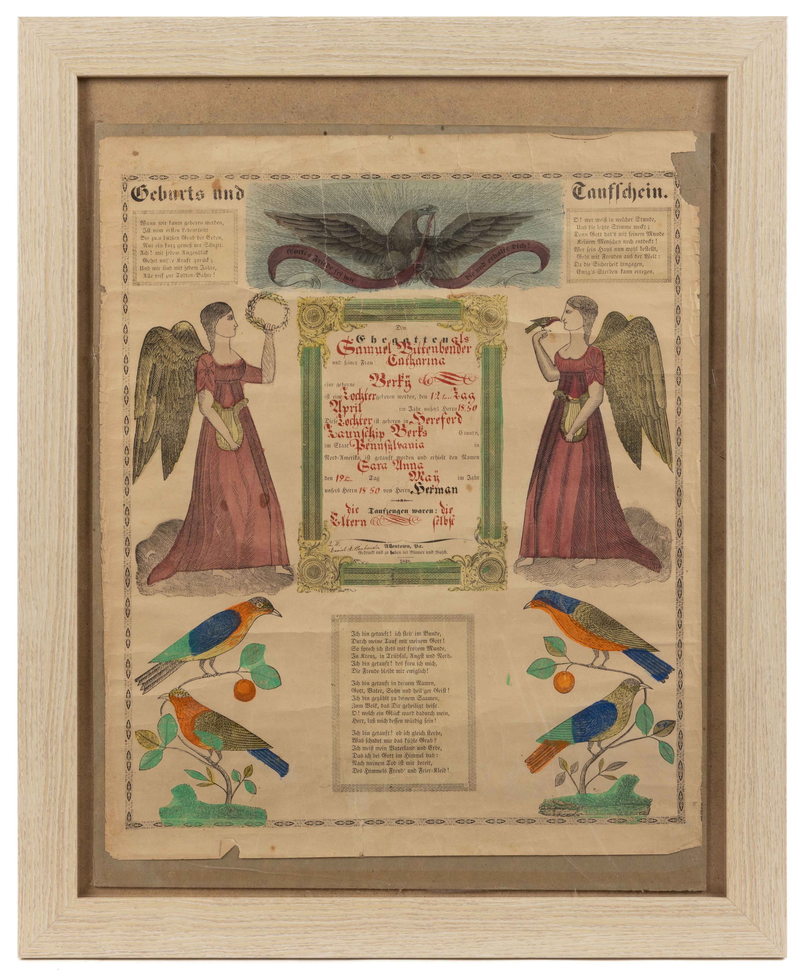 PENNSYLVANIA PRINTED BIRTH AND BAPTISMAL CERTIFICATES / FRAKTUR, LOT OF TWO (1 of 2)