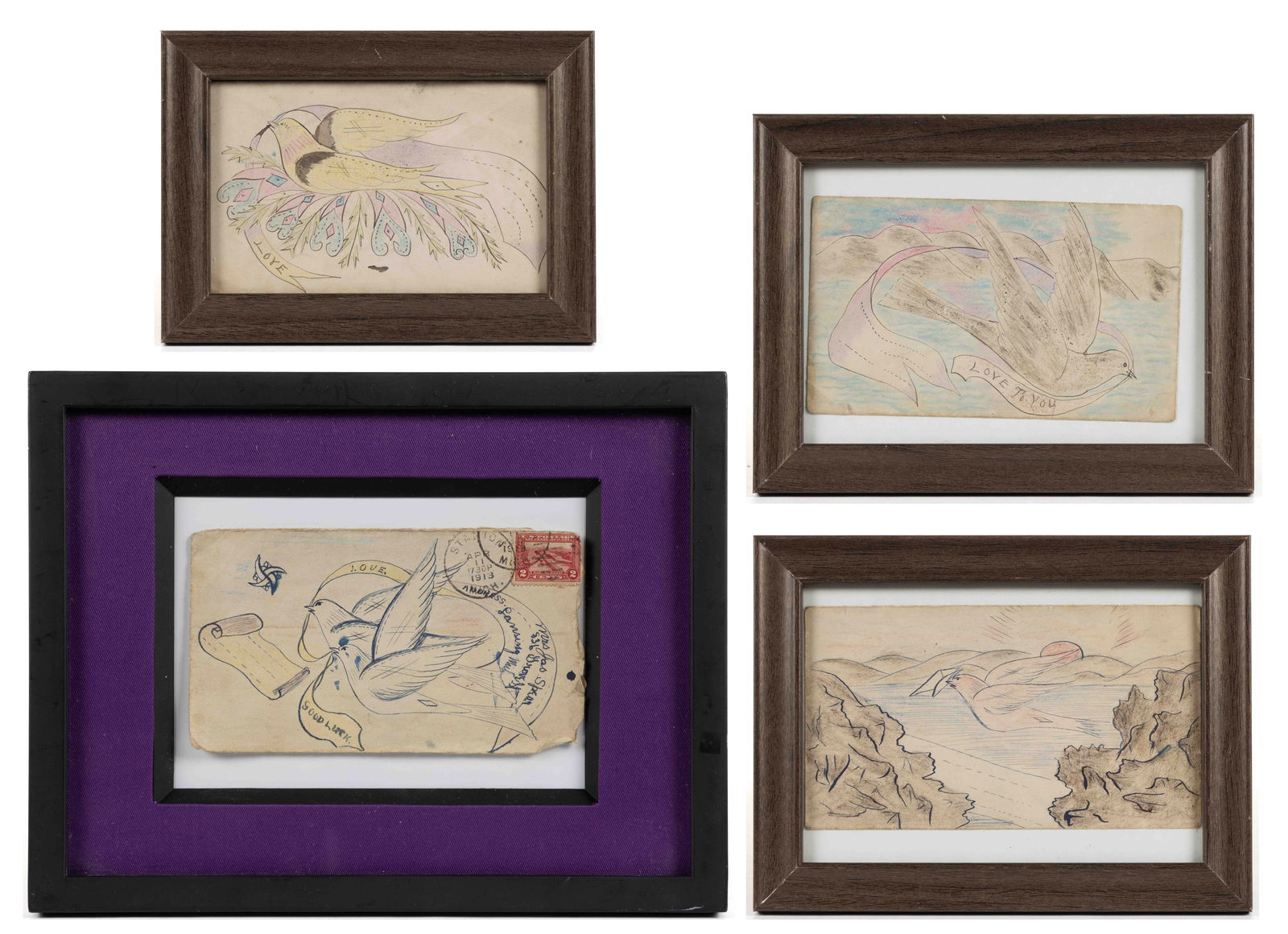 AMERICAN FOLK ART DRAWINGS ON POSTAL COVERS, LOT OF FOUR (1 of 5)