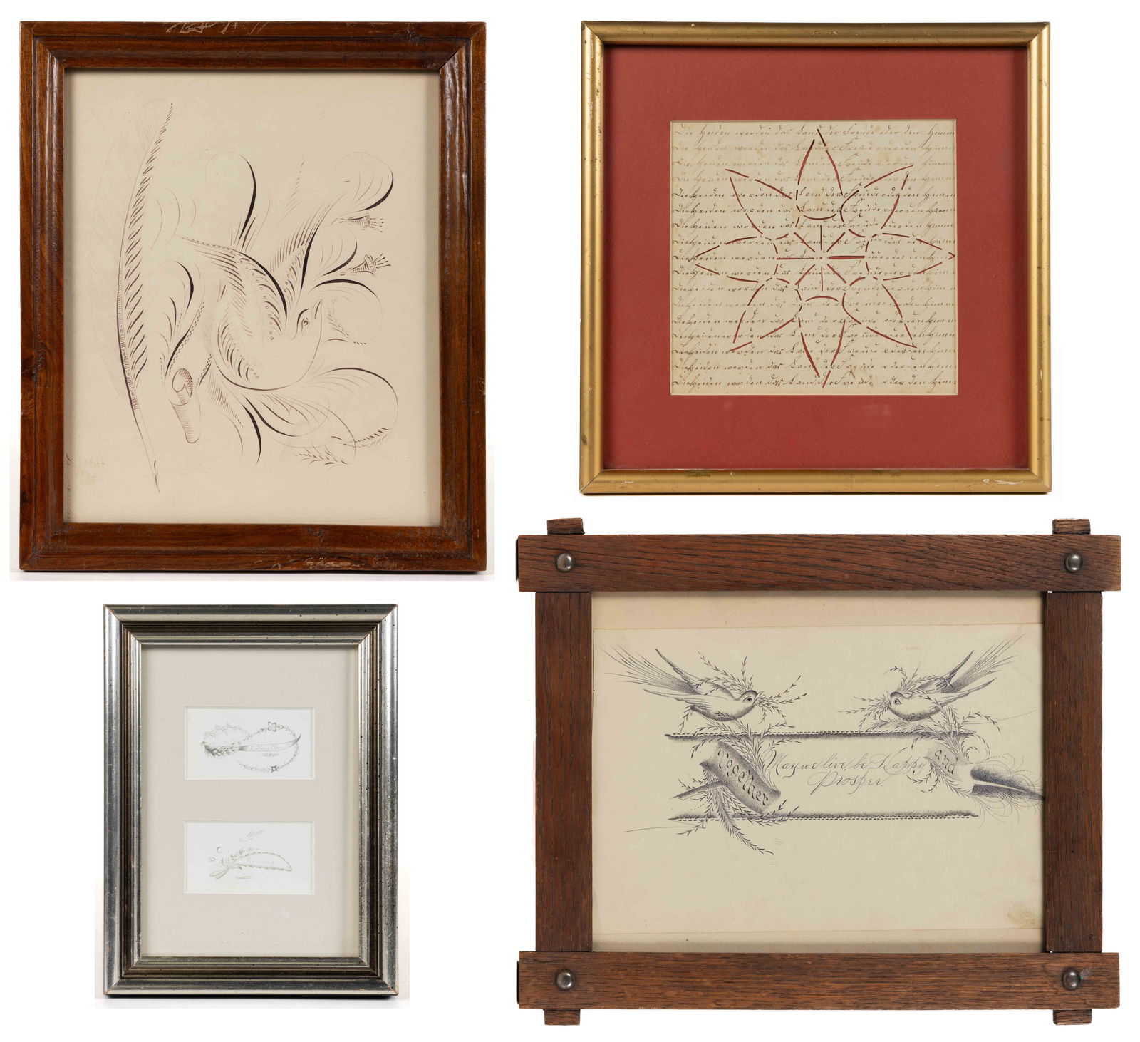AMERICAN / EUROPEAN FOLK ART CALLIGRAPHY DRAWINGS, LOT OF FOUR (1 of 5)